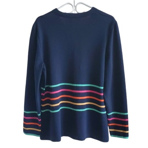 St. John Collection Wool-Blend Navy Striped Sweater Cardigan Size 14 - Picture 2 of 12